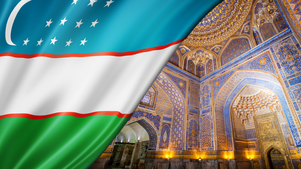 Uzbek flag and inside of a mosque
